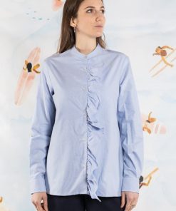 Donna GHIGLINO 1893 | Camicia Paolina Coreana Con Volants Oxford Celeste